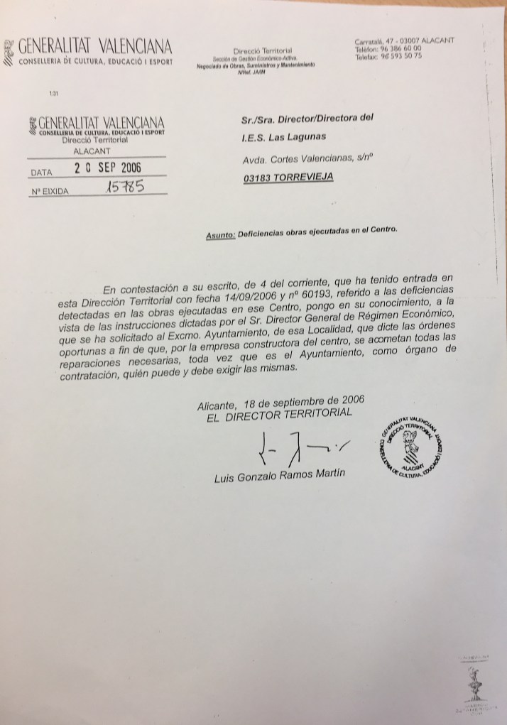 ESCRITO GENERALITAT VALENCIANA EN RESPUESTA DE LAS DEFICIENCIAS DEL IES LAS LAGUNAS
